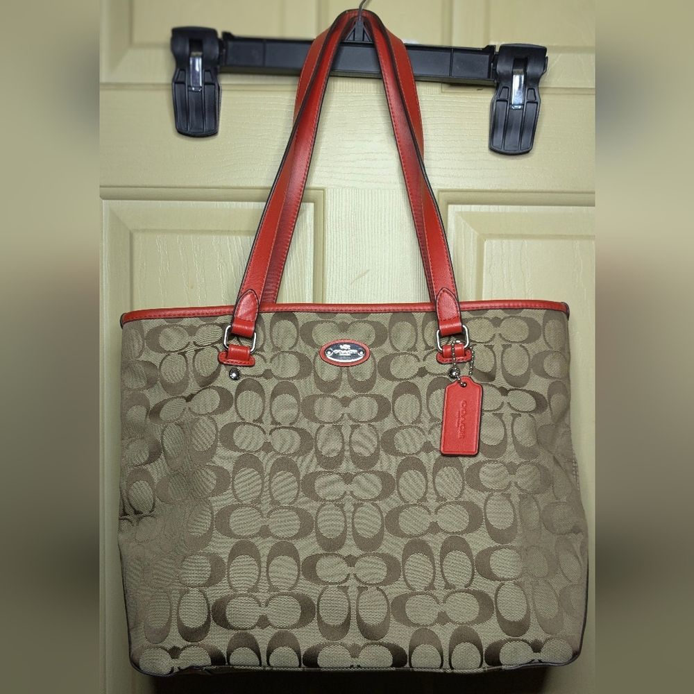 *SOLD* Coach Red/Orange Khaki Zip Top Tote Shoulder Bag